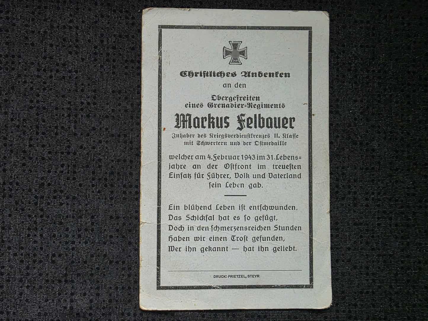 Sterbebild Obergefreiter Garsten Komp. Gren. Regt. 133 Sarniza Russland