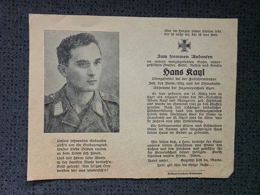 Sterbebild Obergefreiter Eger 2. Korps Aufklärungs-Abt. 2 Fallschirmtruppe Thomery Frankreich