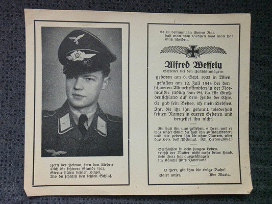 Sterbebild Gefreiter Wien 2. Komp. Fallschirm-Aufkl. Abt. 12 Le Desert St. Lo Normandie Frankreich