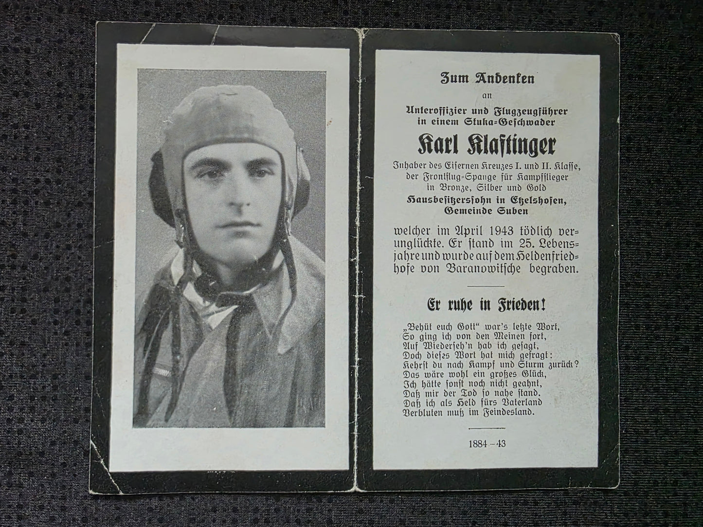 Sterbebild Unteroffizier Stuben 7./III. SG-1 Pilot Stukageschwader FFS Gold Baranowitsche Weissrussland