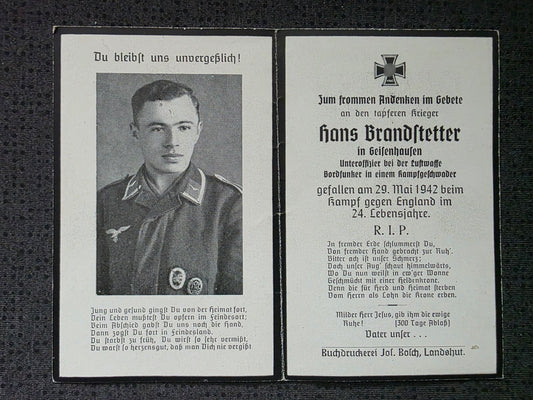 Sterbebild Unteroffizier Geisenhausen Bordfunker 2./KG-106 England Cognac Berneuil Frankreich