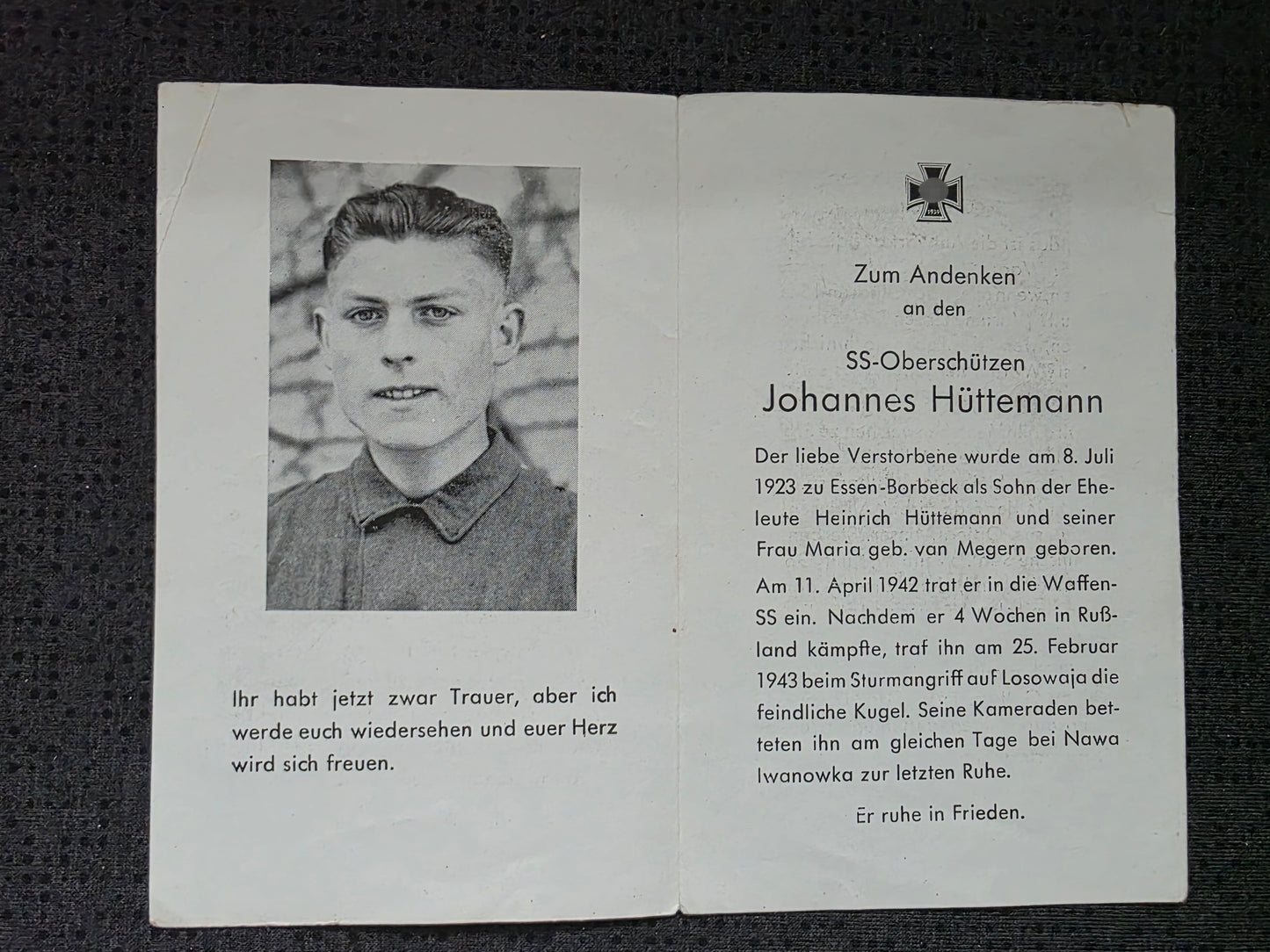 Kleines Konvolut + Sterbebild SS-Oberschütze Essen-Borbeck SS-Regiment "Der Führer" DF Losowaja Ukraine