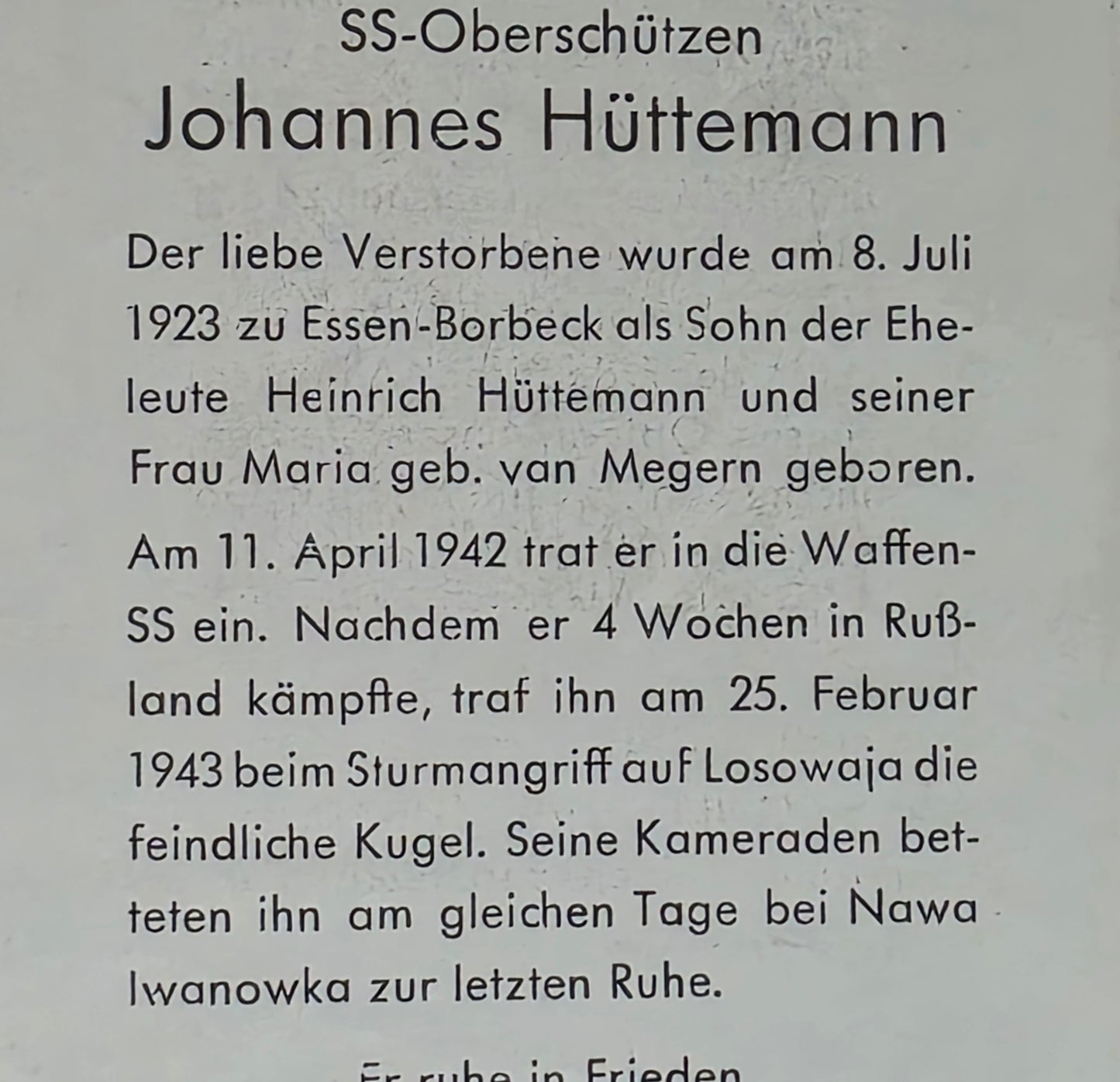 Kleines Konvolut + Sterbebild SS-Oberschütze Essen-Borbeck SS-Regiment "Der Führer" DF Losowaja Ukraine