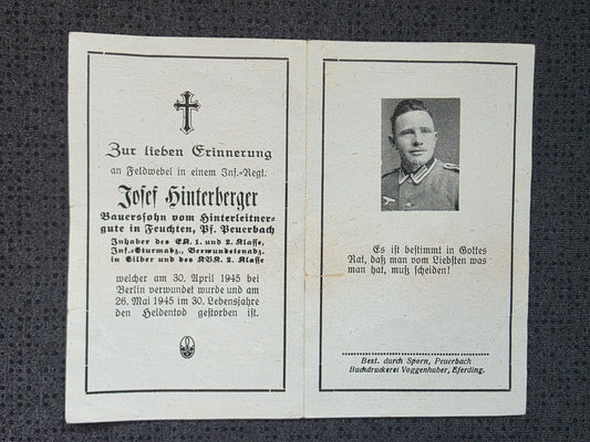 Sterbebild Feldwebel Peuerbach Infanterie Regt. Endkampf Kummersdorf Berlin