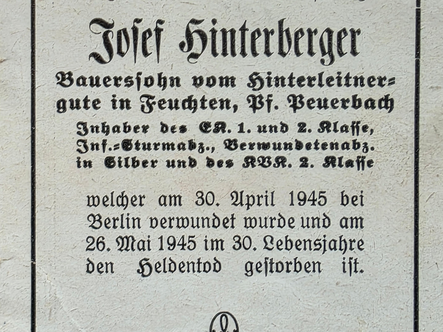 Sterbebild Feldwebel Peuerbach Infanterie Regt. Endkampf Kummersdorf Berlin