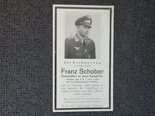 Sterbebild Unteroffizier Beobachter Kampfstaffel 2./KG-27 FFS Silber 60. Feindflug Isjum Russland