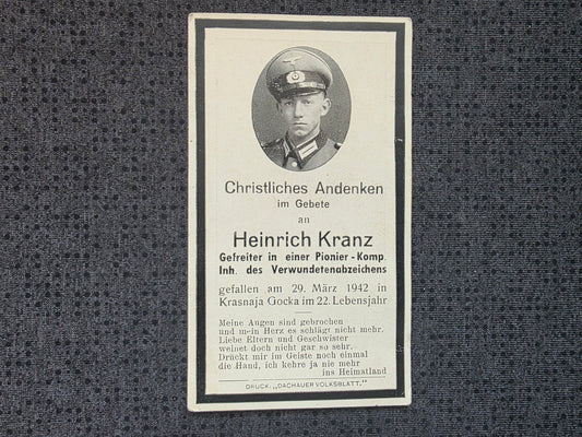Sterbebild Gefreiter Prittelbach 2. Komp. Pio. Btl. 268 Krasnaja Gorka Russland