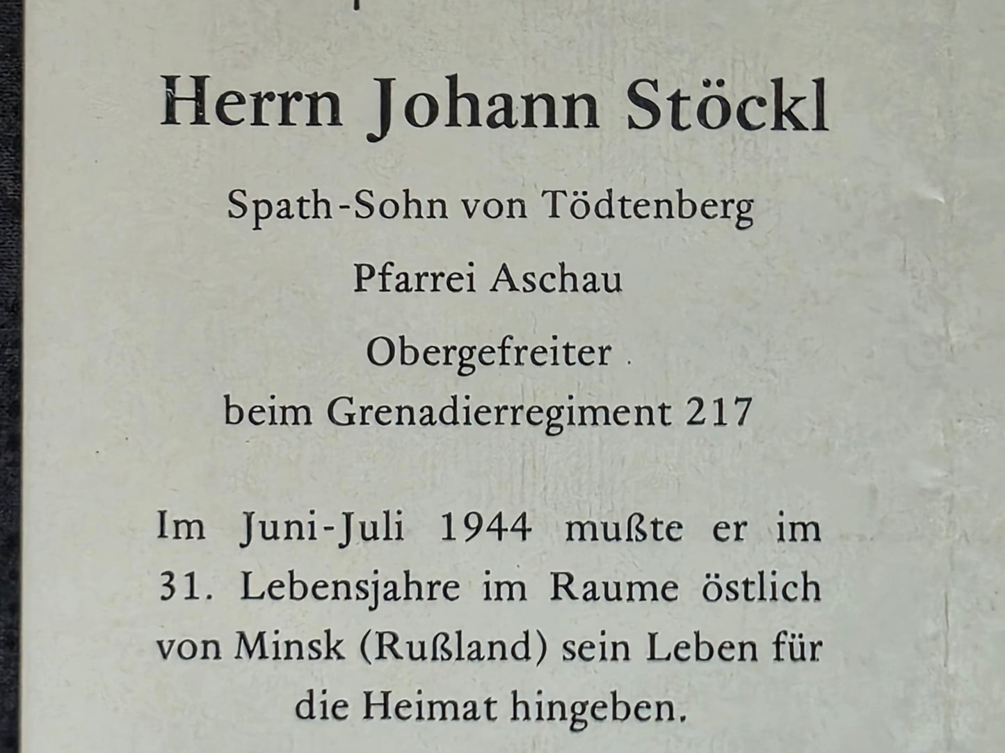 Sterbebild Obergefreiter Aschau Grenadier Regt. 217 Minsk Weissrussland