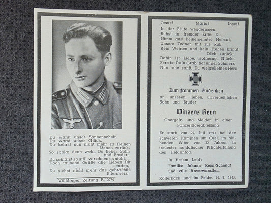 Sterbebild Obergefreiter Köllerbach Melder 5. Komp. Jägerbataillon 11 Orel Russland
