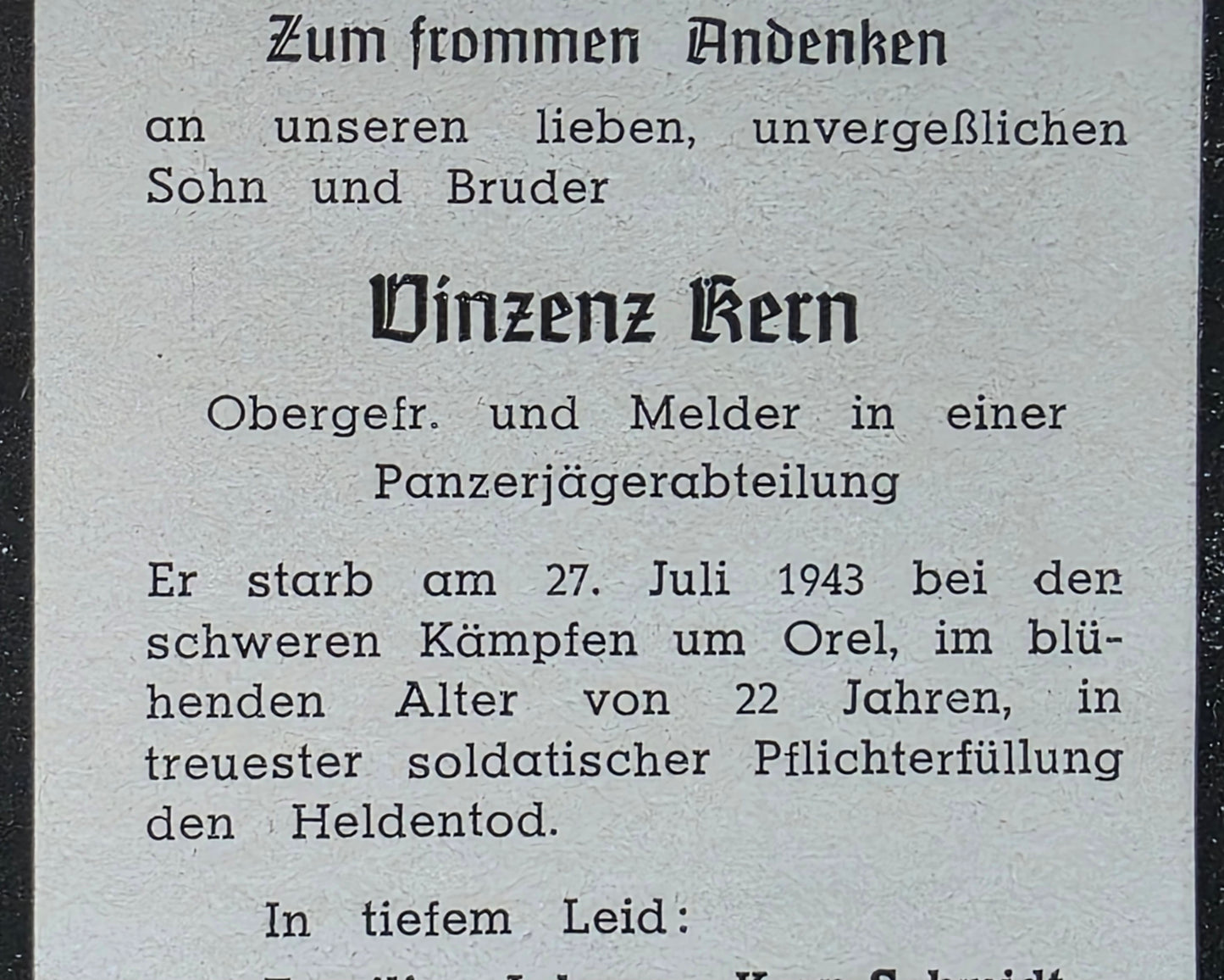 Sterbebild Obergefreiter Köllerbach Melder 5. Komp. Jägerbataillon 11 Orel Russland