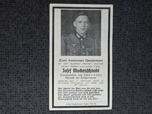 Sterbebild Matrose Schweinhütt Kriegsmarine Arnheim Ysselsteyn Holland