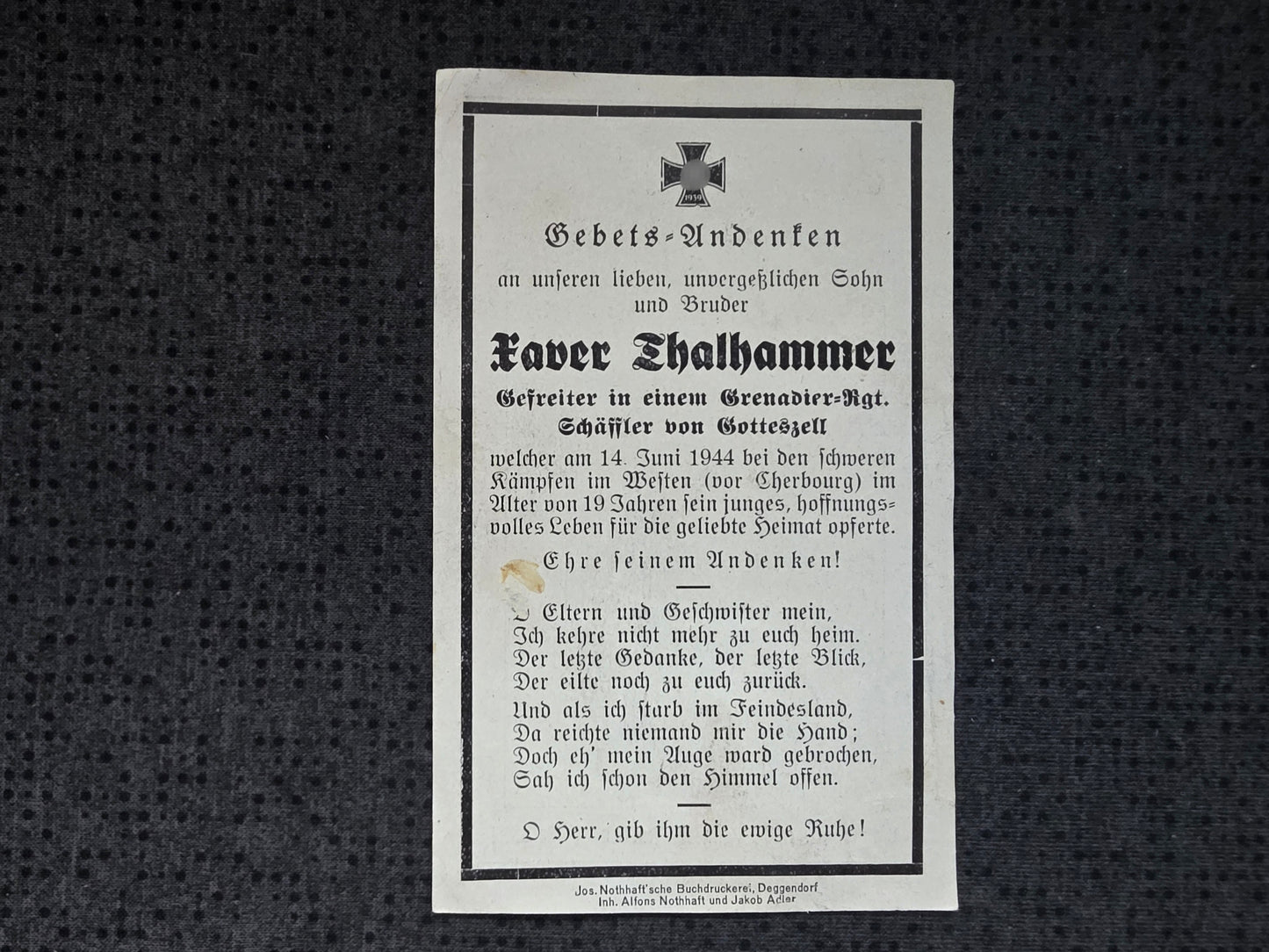 Sterbebild Gefreiter Gotteszell Grenadier Regt. Normandie Cherbourg Orglandes Frankreich