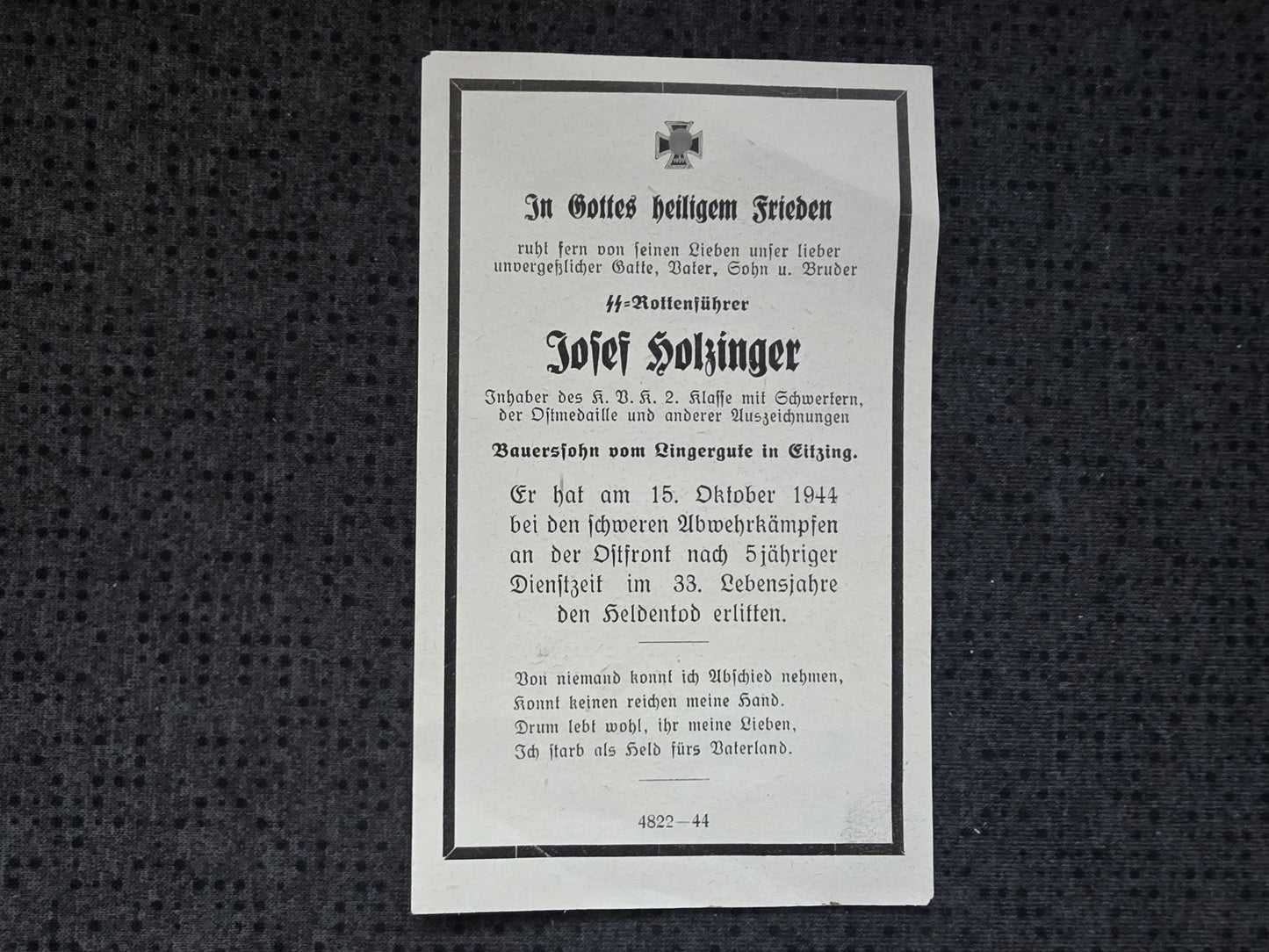 Sterbebild SS-Rottenführer Eitzing Choszczowka Modlin Polen