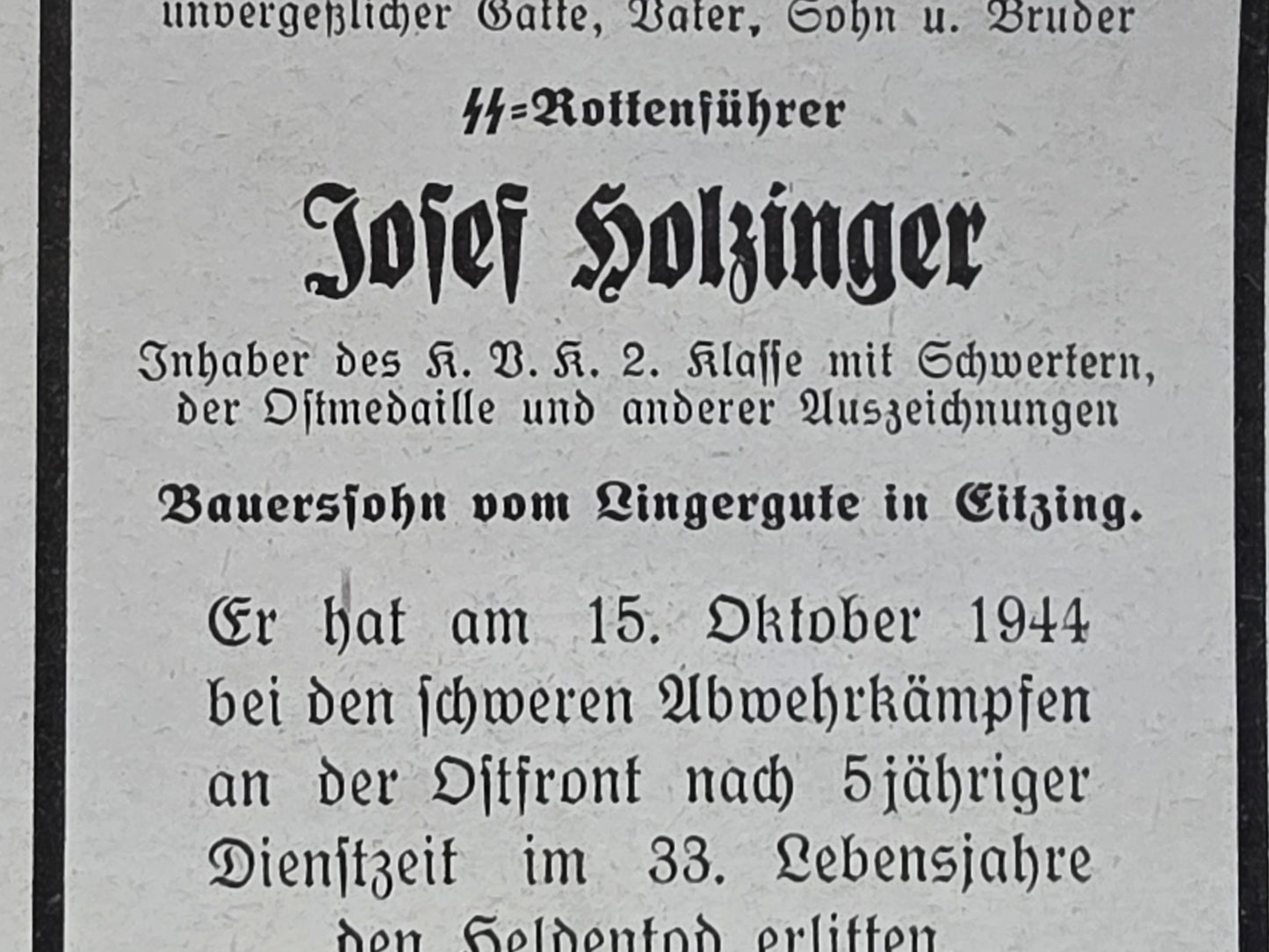 Sterbebild SS-Rottenführer Eitzing Choszczowka Modlin Polen