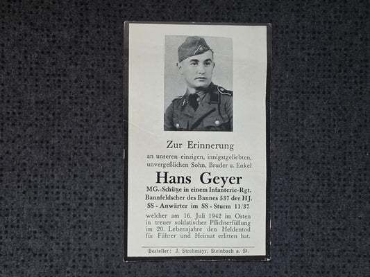 Sterbebild MG-Schütze Infanterie Regt. SS-Anwärter SS-Sturm 11/37 HJ Bann 537 Osten