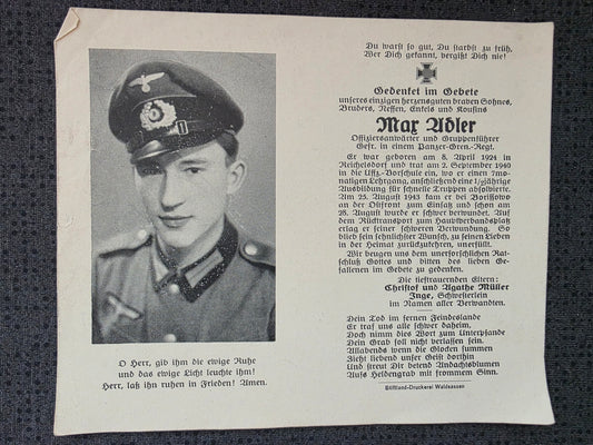 Sterbebild Gefreiter OA Reichersdorf 5. Komp. Panzer Gren. Regt. 33 Stratschewo Russland