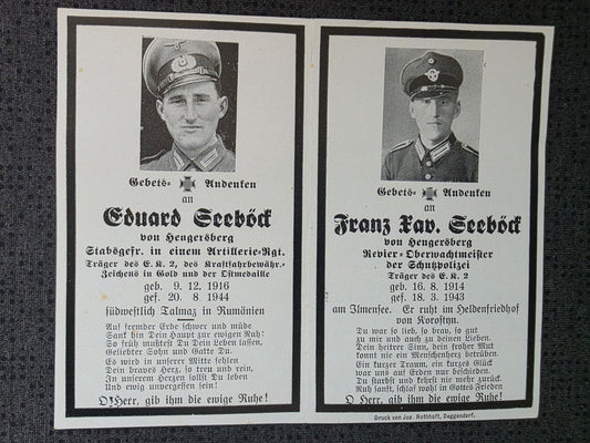 Sterbebild Brüder Hengersberg Stabsgefreiter Art. Regt. Talmaza Moldawien Oberwachtmeister SS-Polizei Regt. 17 Ilmensee