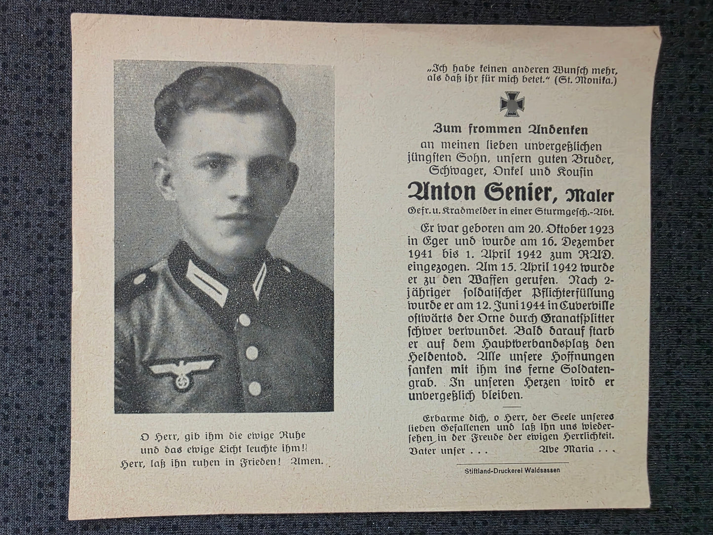 Sterbebild Gefreiter & Kradmelder Eger 4. Sturm-Geschütz Abt. 200 Cuverville Normandie La Cambe Frankreich