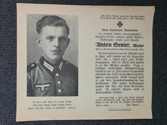 Sterbebild Gefreiter & Kradmelder Eger 4. Sturm-Geschütz Abt. 200 Cuverville Normandie La Cambe Frankreich