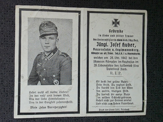 Sterbebild Unteroffizier Engelmannsberg 3. Komp. Geb.-Jäger Regt. 207 Pschyschtal Höhe 998 Kaukasus