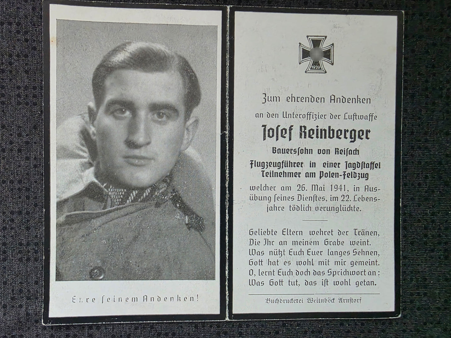Sterbebild Unteroffizier Reisach Pilot 3./JFS-1 "Oesau" Frankfurt an der Oder