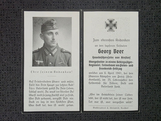 Sterbebild Obergefreiter Arnsdorf 13. Geb.-Jäger Regt. 85 Istibei Griechenland Bulgarien