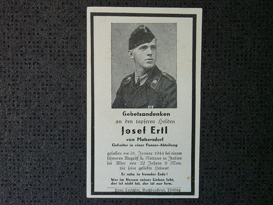 Sterbebild Gefreiter Matzersdorf 7. Komp. Panzer Regt. 26 Cisterna Nettuno Pomezia Italien