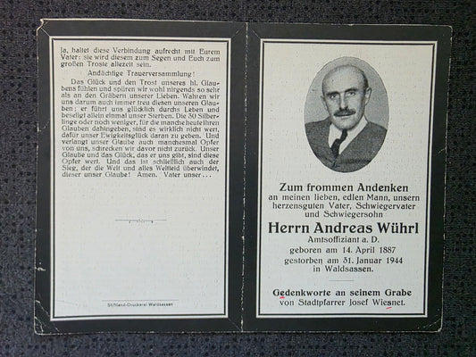 Sterbebild Zivilist Waldsassen Amtsoffiziant WK 1 Veteran