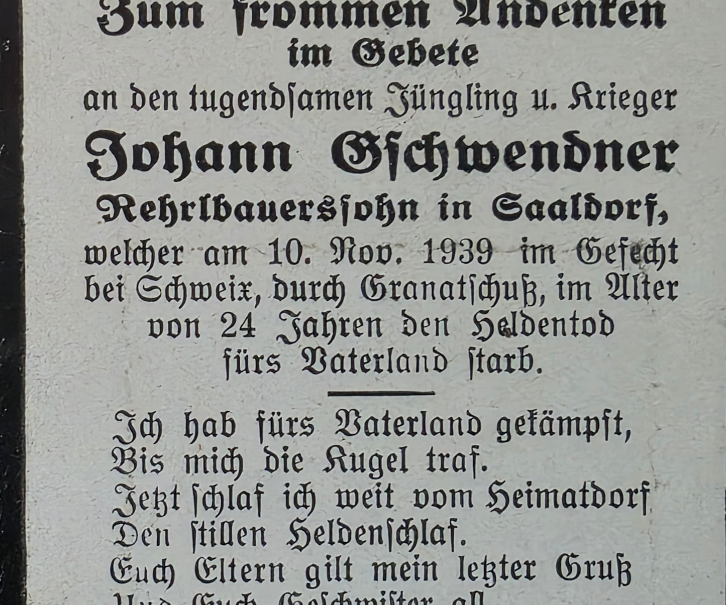 Sterbebild Schütze Saaldorf 10. Komp. Inf. Regt. 468 Echtfoto Schweix Dahn Westfront 1939