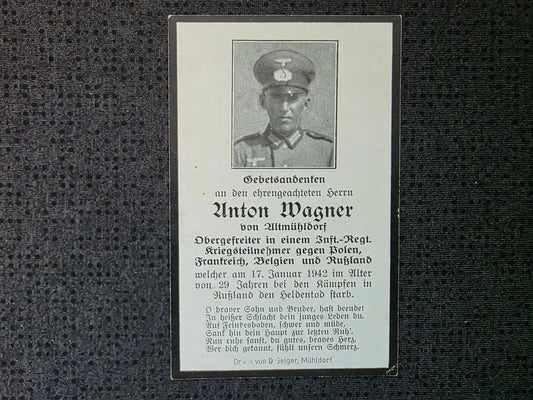 Sterbebild Obergefreiter Altmühldorf 1. Komp. Inf. Regt. 217 Nishe Iwiza Russland
