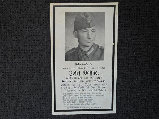 Sterbebild Gefreiter Sittelsdorf Infanterie Regt. Endkampf Sandweiler Luxemburg