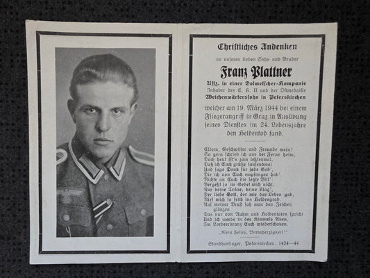 Sterbebild Unteroffizier Peterskirchen Dolmetscher Kompanie Fliegerangriff Graz Österreich