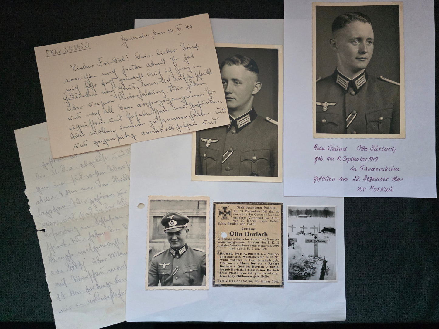 Konvolut Sterbebild + Feldpost + Fotos Leutnant Bad Gandersheim Regt Stab Schützen Regt. 74 Malojaroslawez Russland