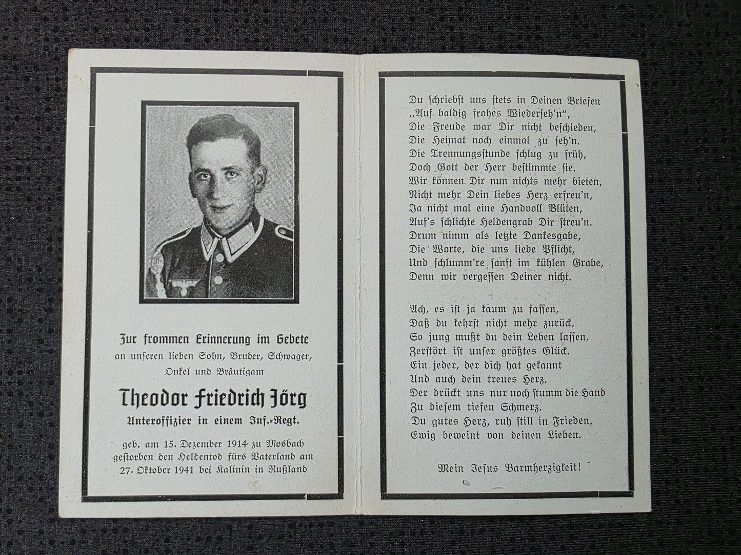 Sterbebild Unteroffizier Mosbach 9. Inf. Regt. 430 Borichino Russland