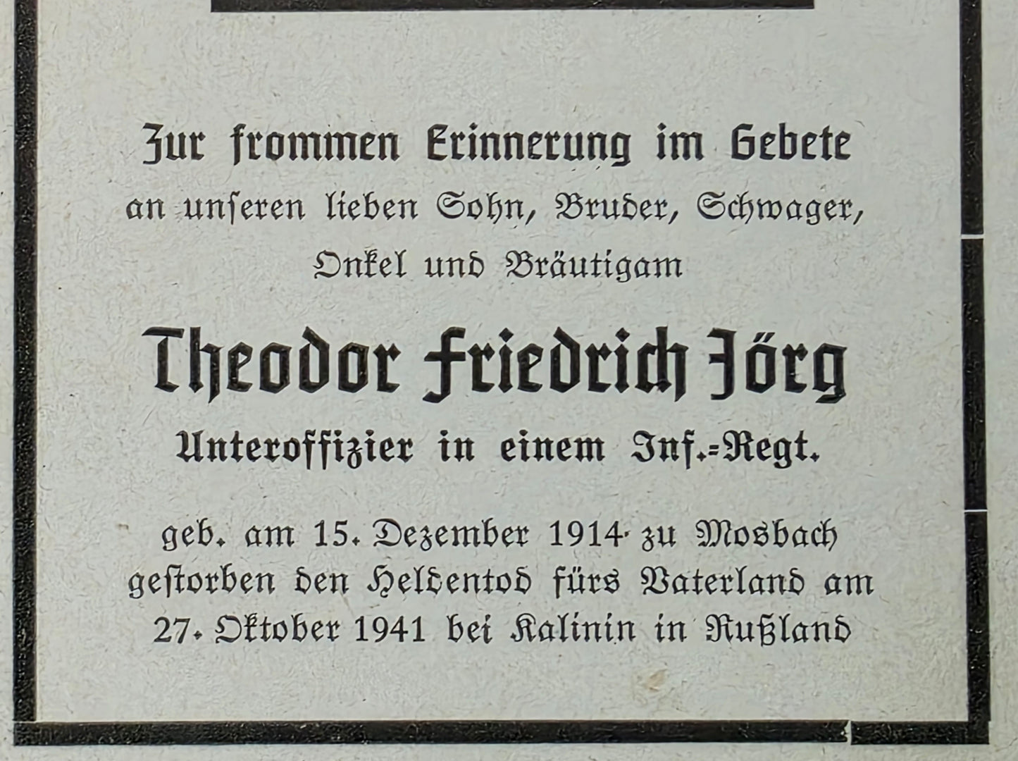 Sterbebild Unteroffizier Mosbach 9. Inf. Regt. 430 Borichino Russland
