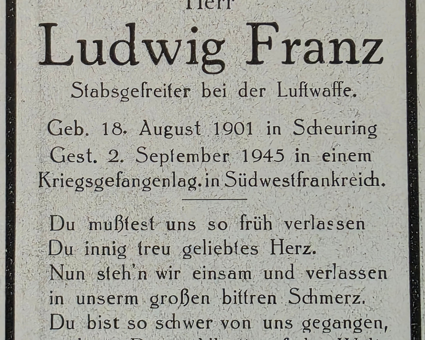 Sterbebild Stabsgefreiter Scheuring Luftwaffe KGL Cozes Berneuil Frankreich