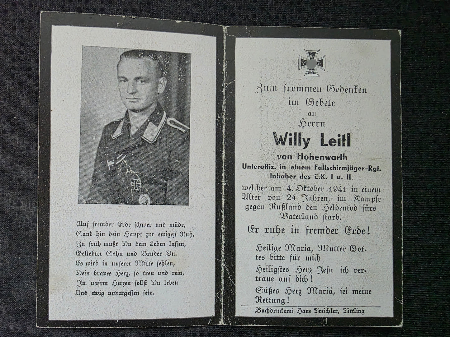 Sterbebild Unteroffizier Hohenwarth 6. Komp. Fallschirmjäger Regt. 2 Petruschino Russland