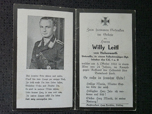 Sterbebild Unteroffizier Hohenwarth 6. Komp. Fallschirmjäger Regt. 2 Petruschino Russland