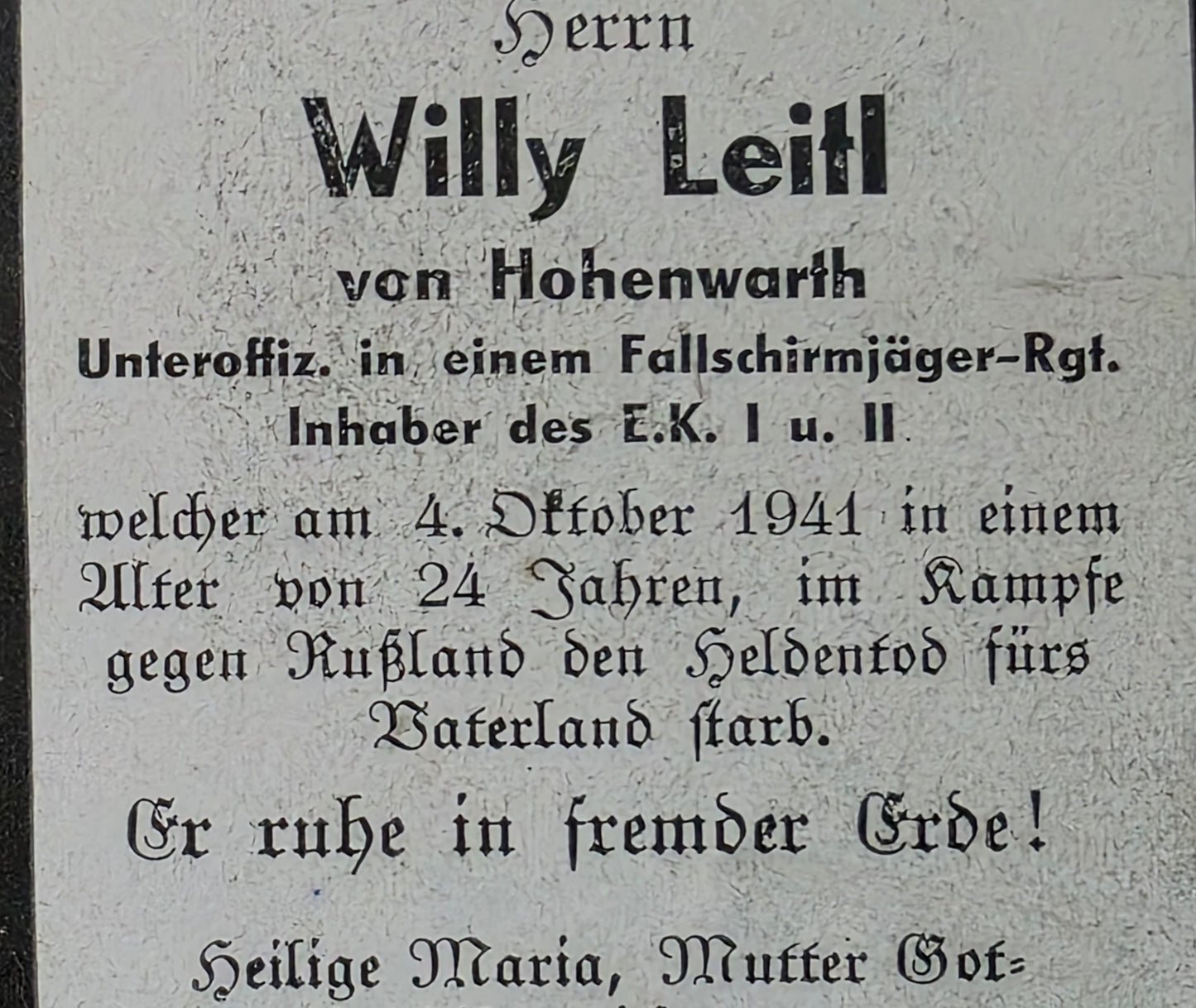 Sterbebild Unteroffizier Hohenwarth 6. Komp. Fallschirmjäger Regt. 2 Petruschino Russland
