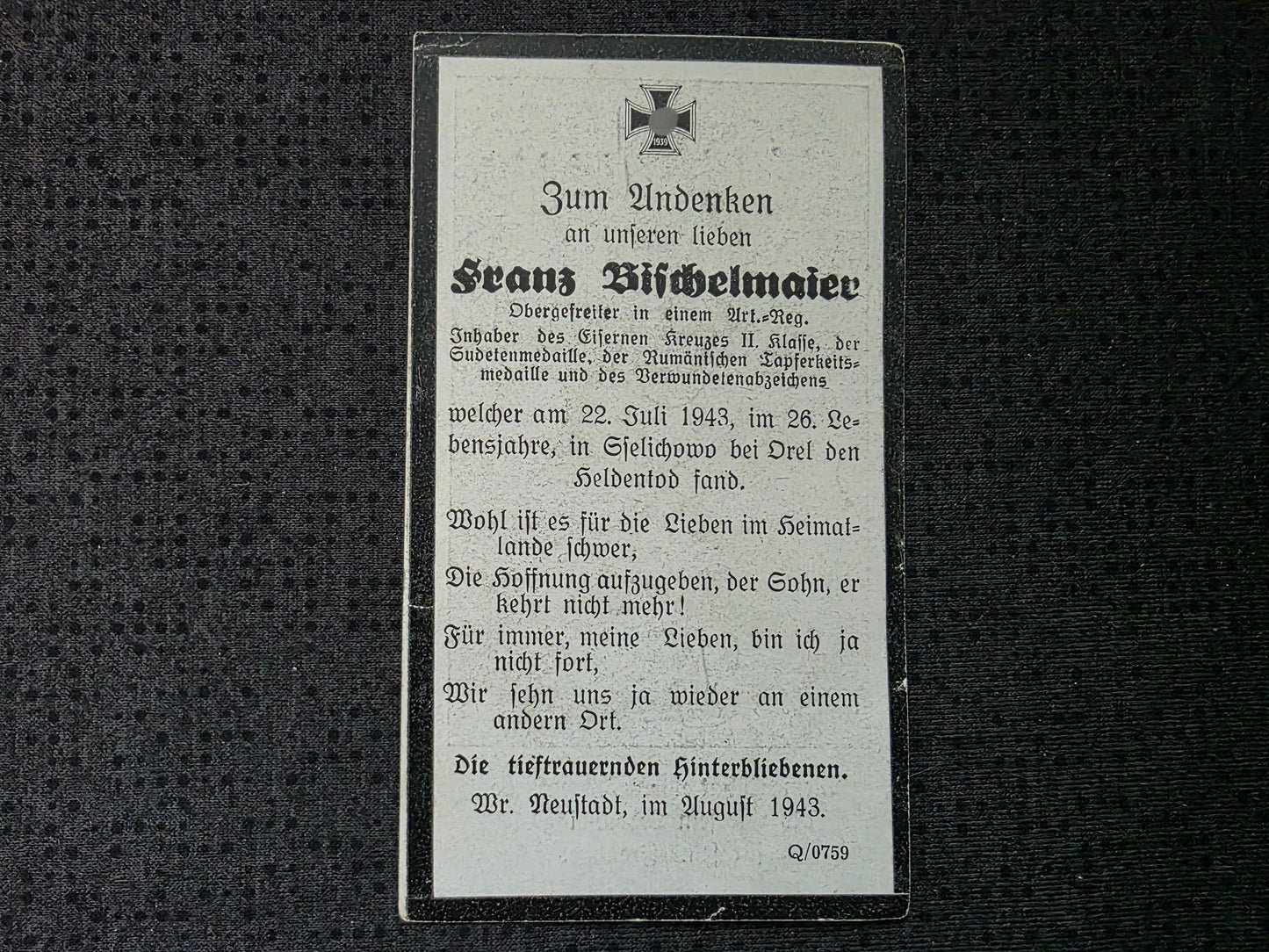 Sterbebild Obergefreiter Lichtenwörth 1. Panzer Art. Regt. 102 Rumänischer Orden Sudentmed. Sselichowo Russland