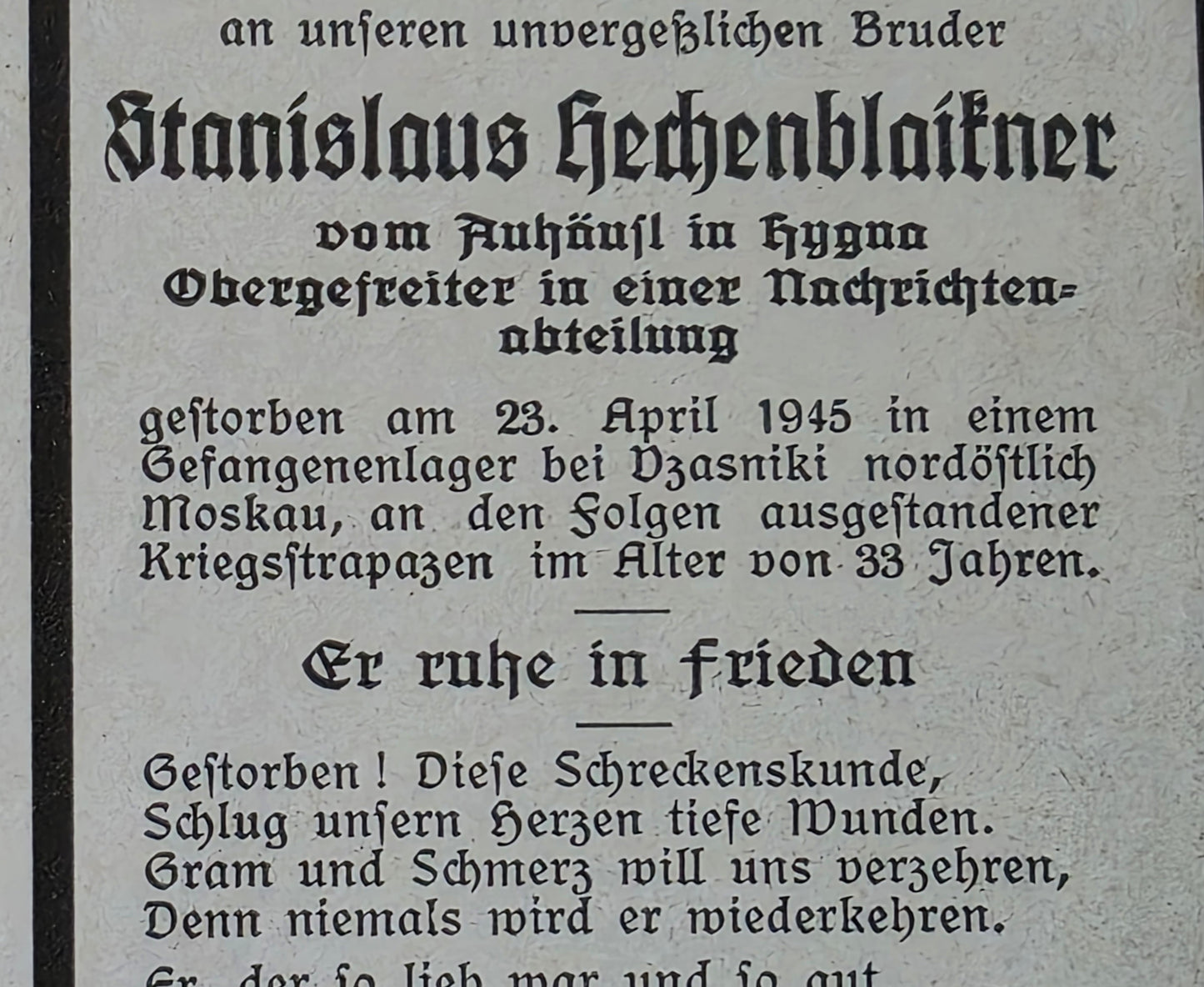 Sterbebild Obergefreiter Nachrichtenabteilung Endkampf KGL Moskau Russland