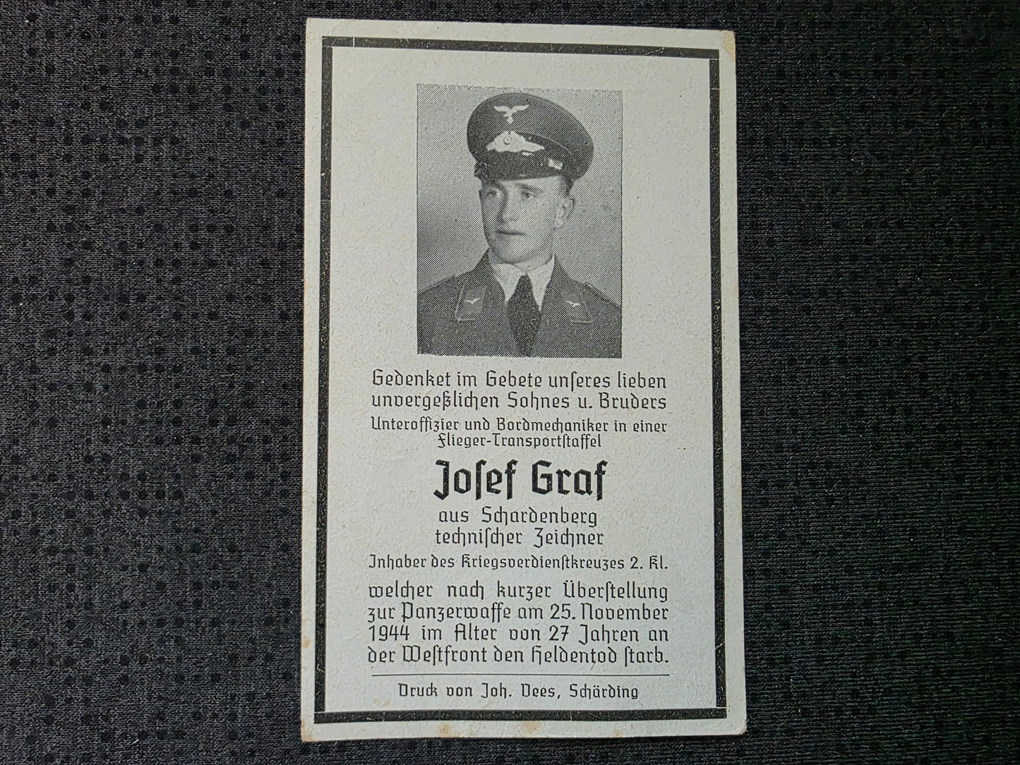Sterbebild Unteroffizier Schardenberg Flieger und Panzerwaffe 2. Pz.-Gren. Regt. 125 Westfront Oberleuken