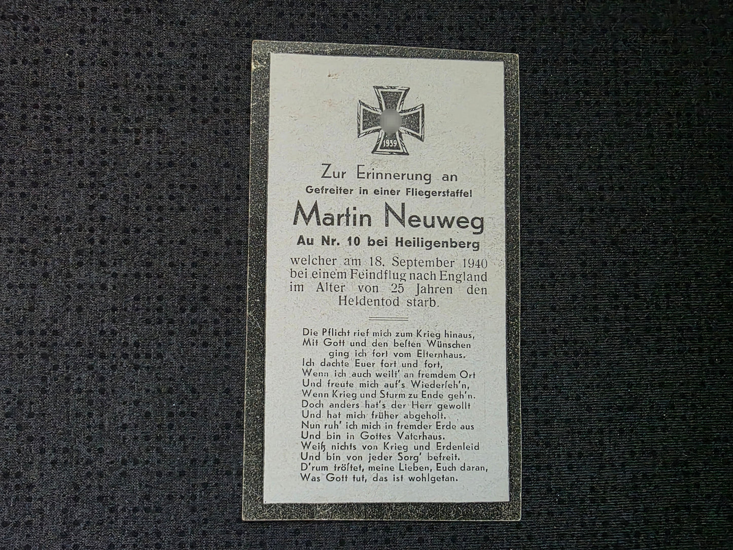 Sterbebild Gefreiter Heiligenberg 8./KG-77 Feindflug England Kanal Dover