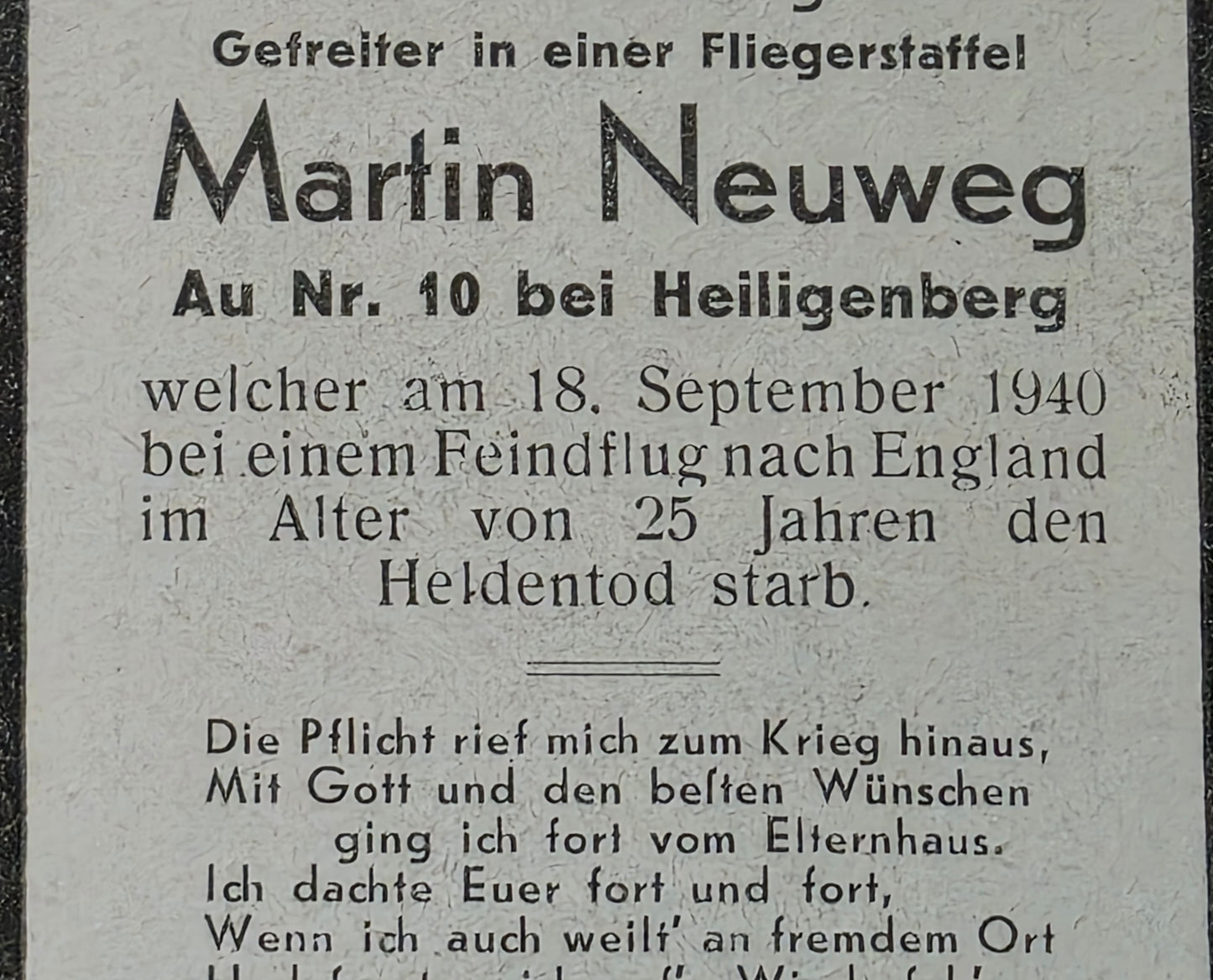 Sterbebild Gefreiter Heiligenberg 8./KG-77 Feindflug England Kanal Dover