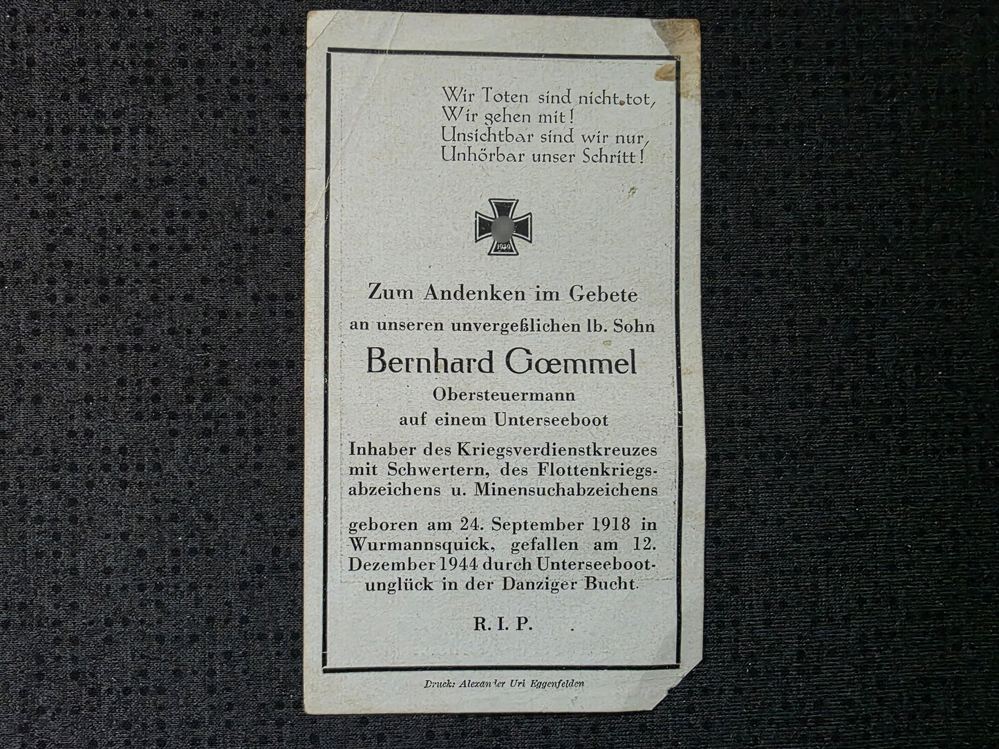 Sterbebild Obersteuermann Wurmannsquick U416 U-Boot Flottenabzeichen Danziger Bucht Ostsee