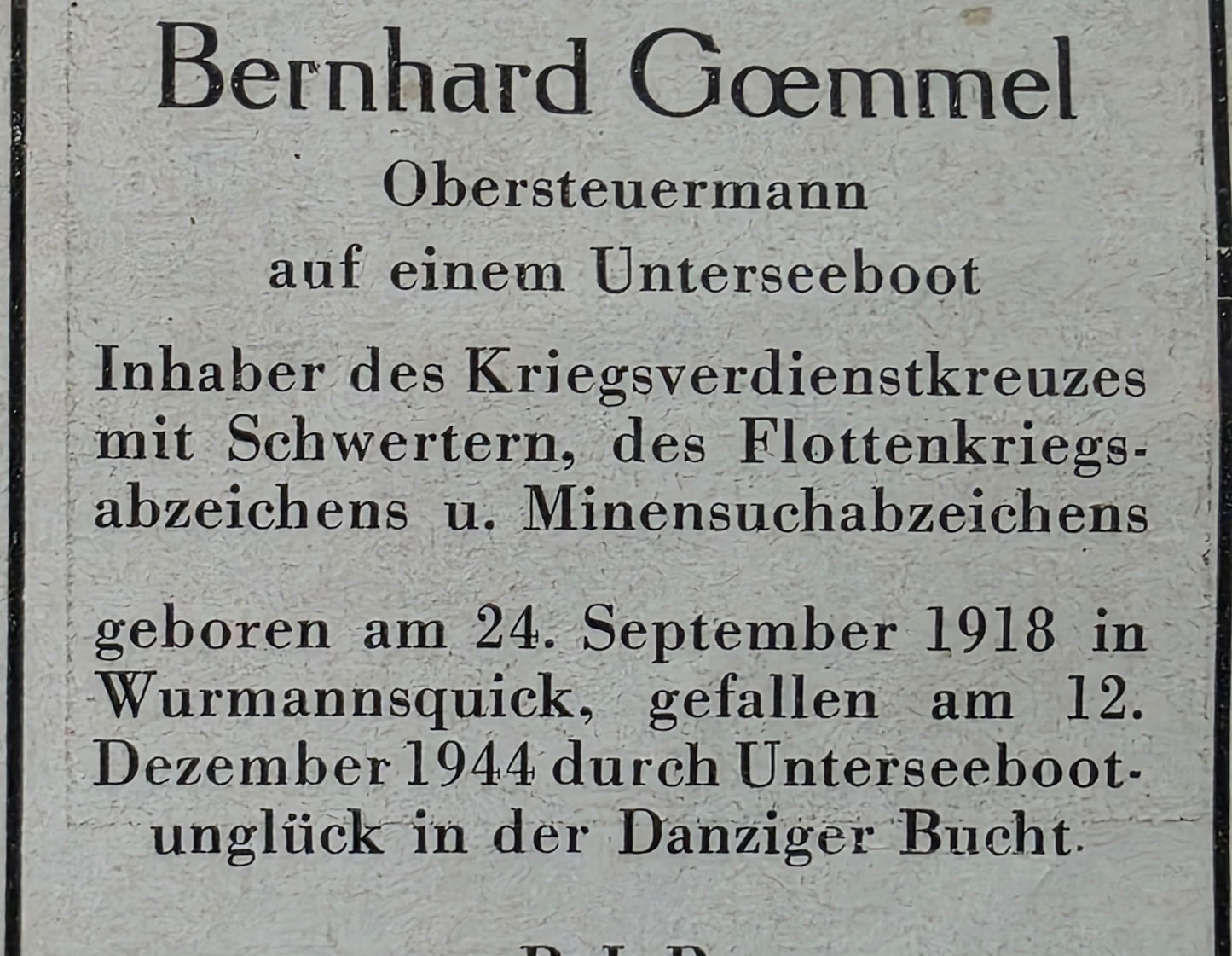 Sterbebild Obersteuermann Wurmannsquick U416 U-Boot Flottenabzeichen Danziger Bucht Ostsee
