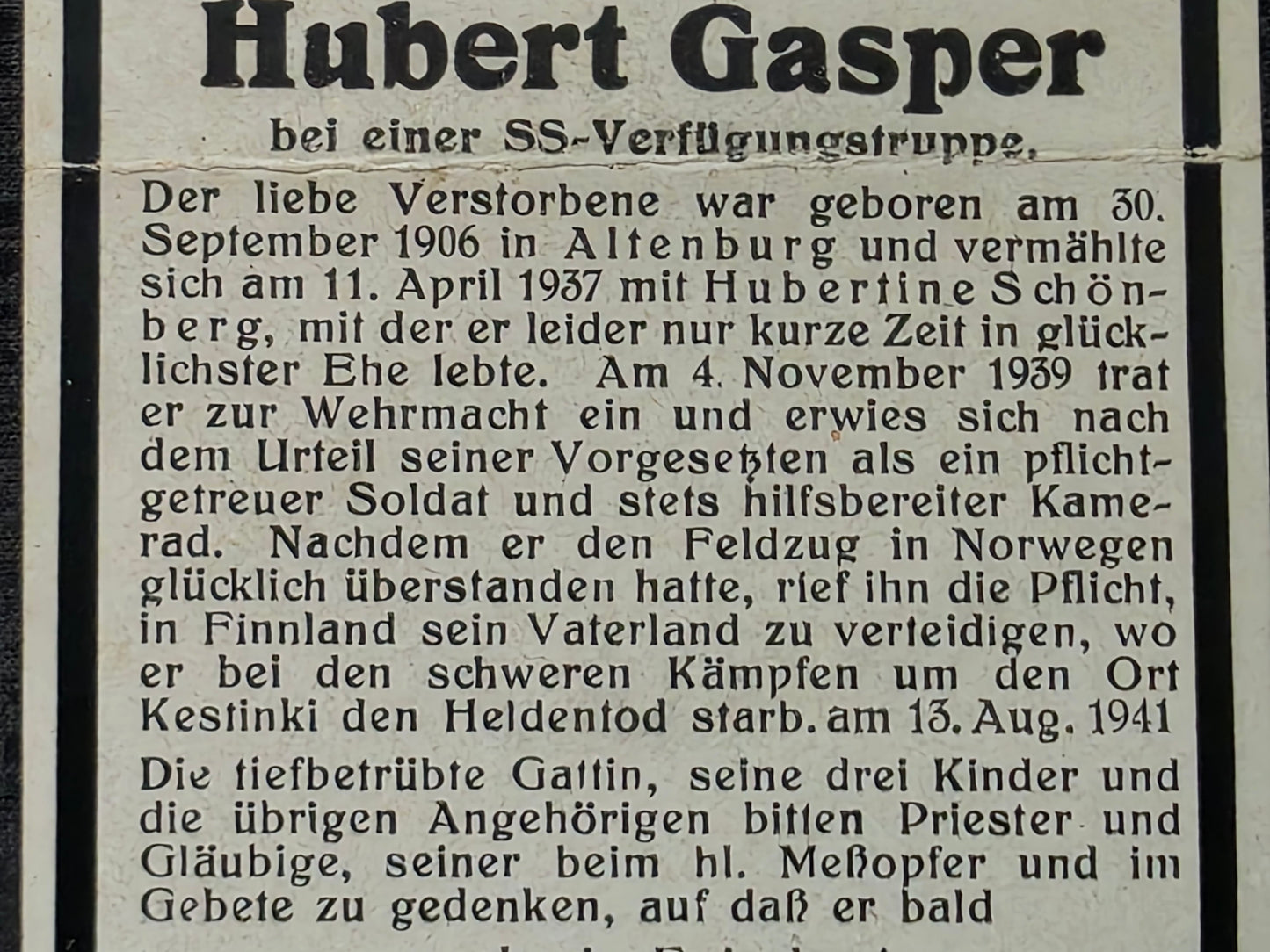 Sterbebild SS-Sturmmann Altenburg SS-Verfügungstruppe Kiestinki Finnland