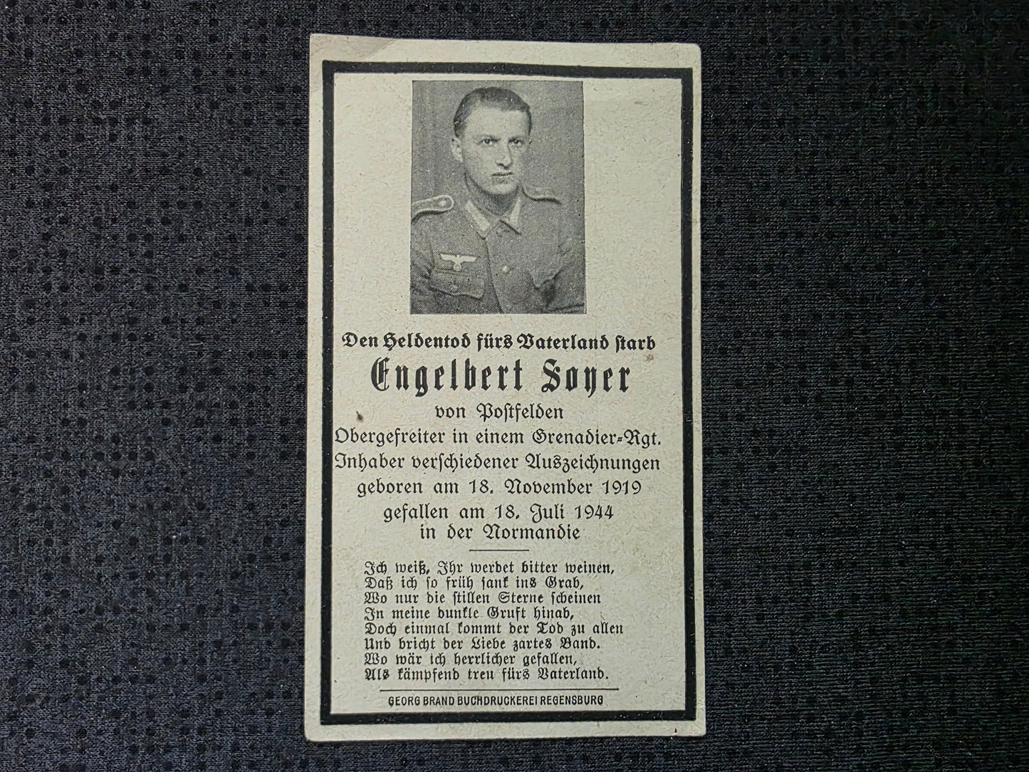 Sterbebild Obergefreiter Postfelden 3. Gren. Regt. 980 Normandie Caen La Cambe Frankreich
