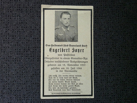Sterbebild Obergefreiter Postfelden 3. Gren. Regt. 980 Normandie Caen La Cambe Frankreich
