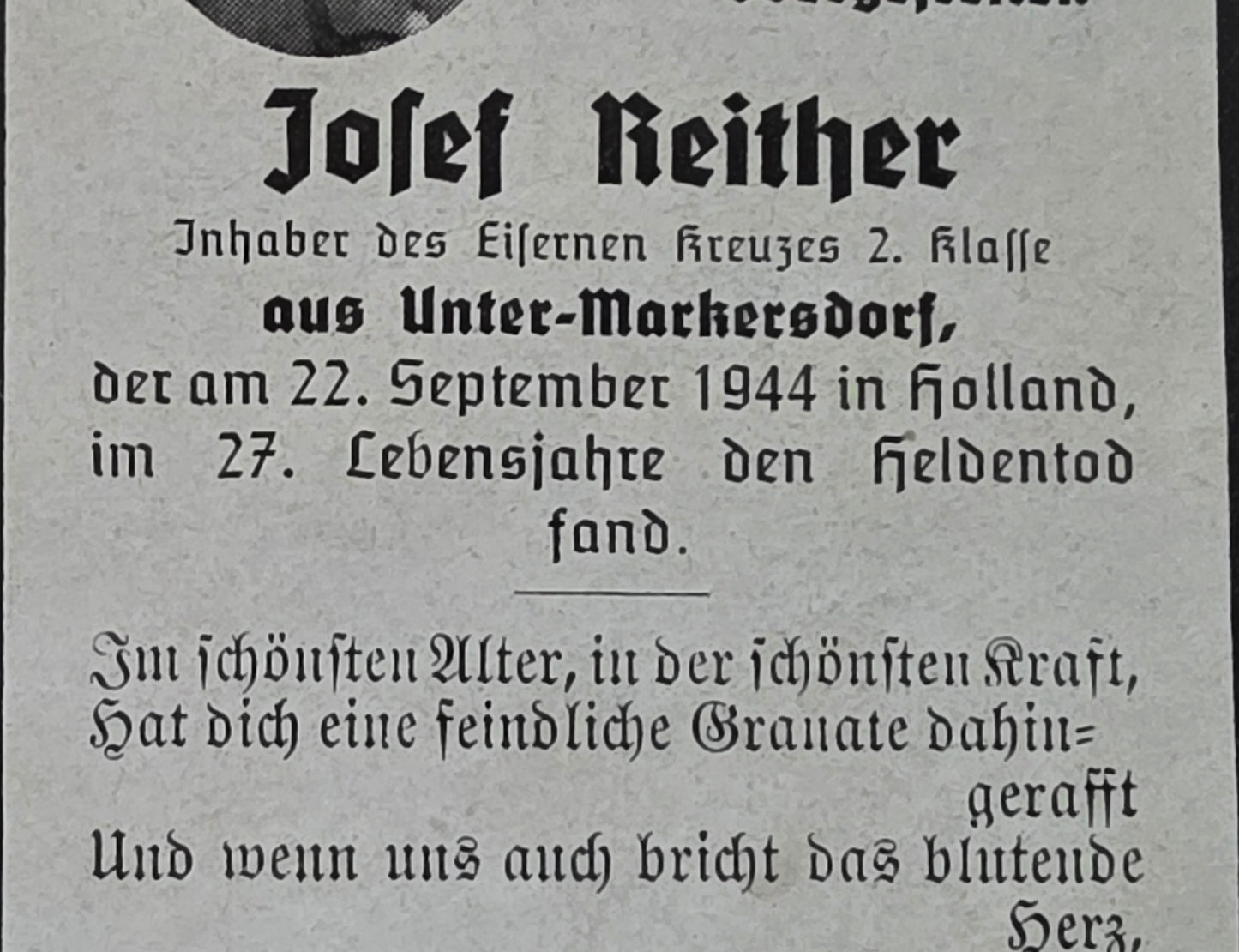 Sterbebild Obergefreiter Untermarkensdorf Panzer-Jäger Komp. 159 Schijndel Ysselsteyn Holland